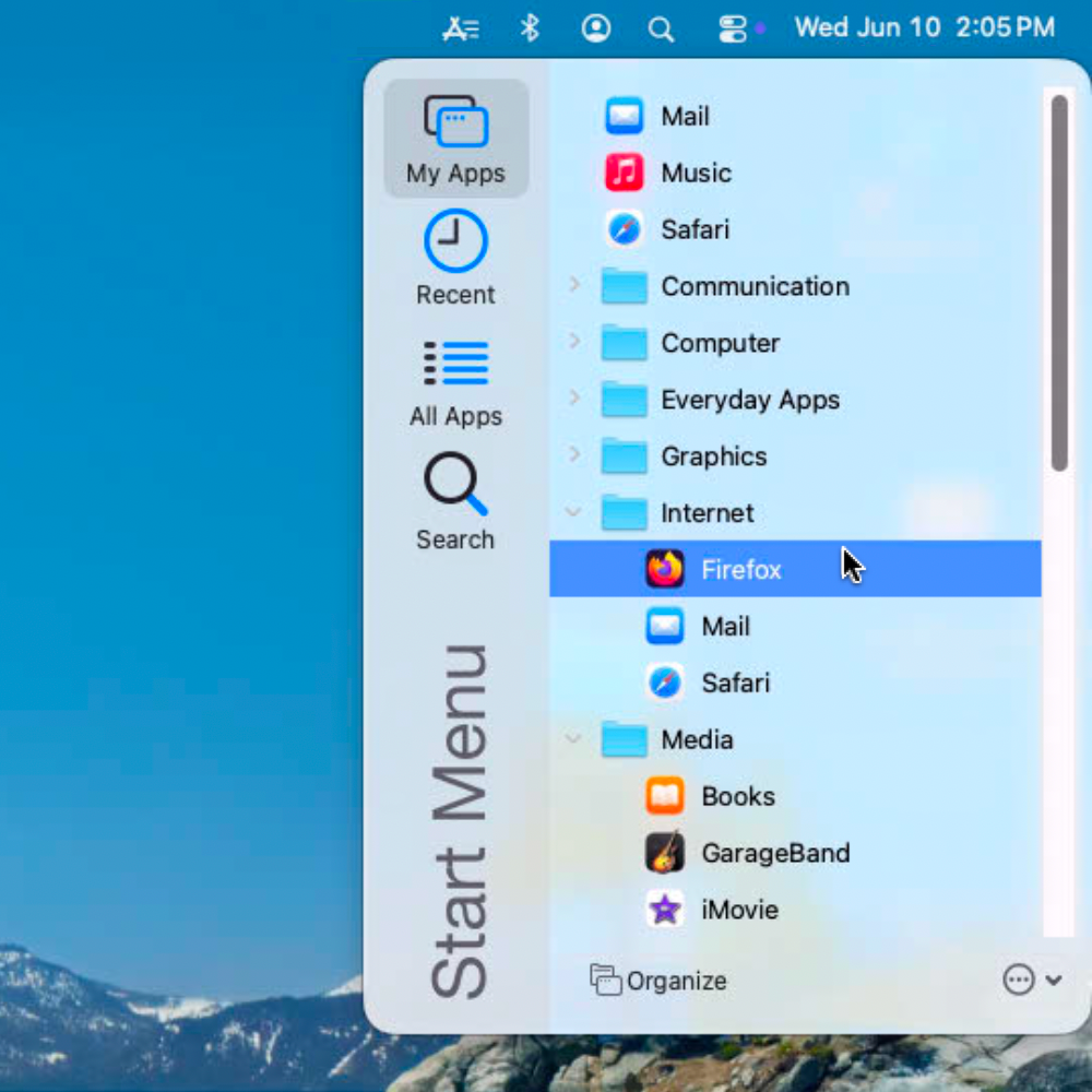 Screenshot of Start Menu in action